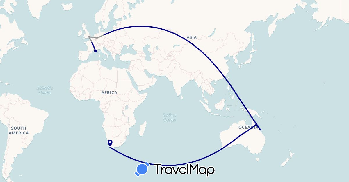 TravelMap itinerary: driving, plane in Australia, Germany, France, United Kingdom, South Africa (Africa, Europe, Oceania)